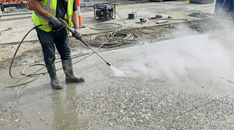 Exposed aggregate installation in progress